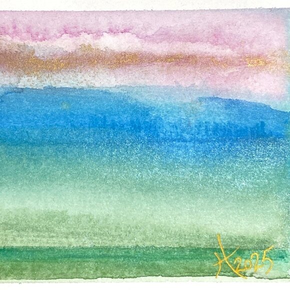 Golden Sunset Original Iridescent Watercolor Painting 4x5in Black Frame Desk Art - Picture 1 of 6